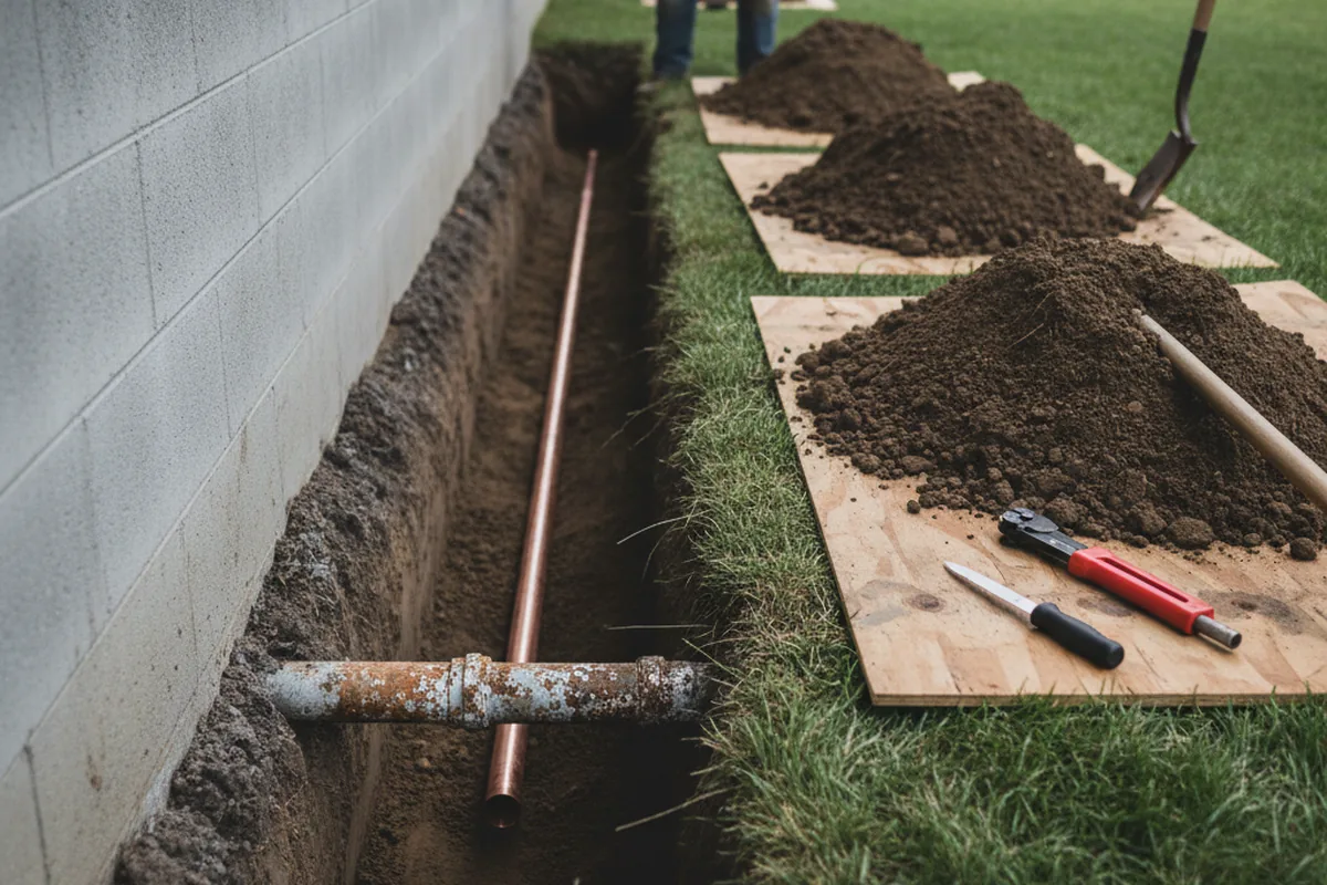 Excavated water line trench during Water Softener Installation in Perkins